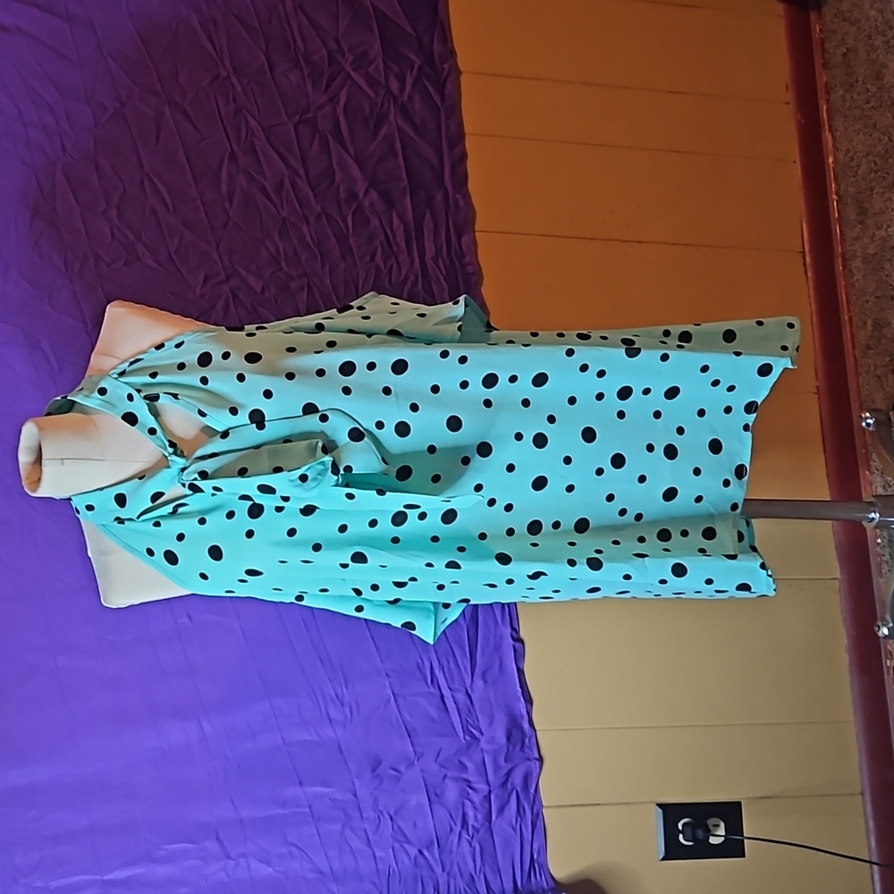 A business casual poka dotted top with tye attached